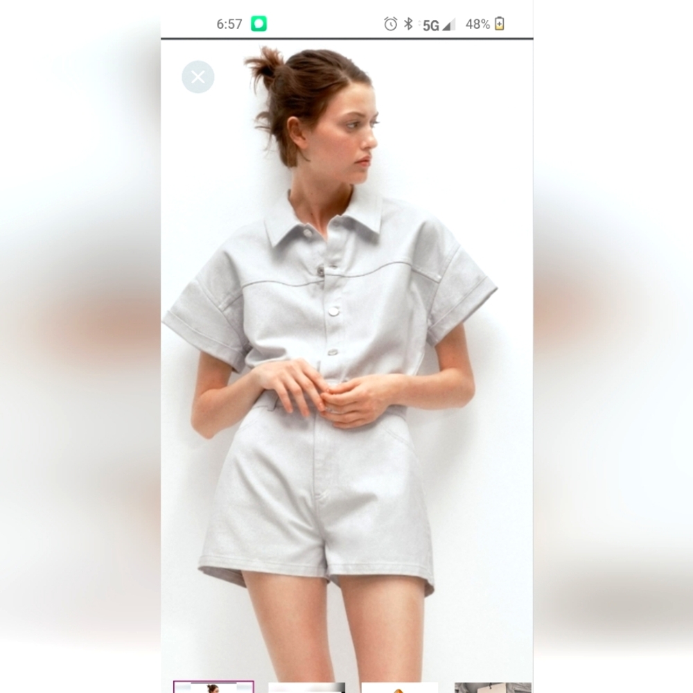 Zara shimmer denim jumpsuit romper lapel collared gray sze small button …